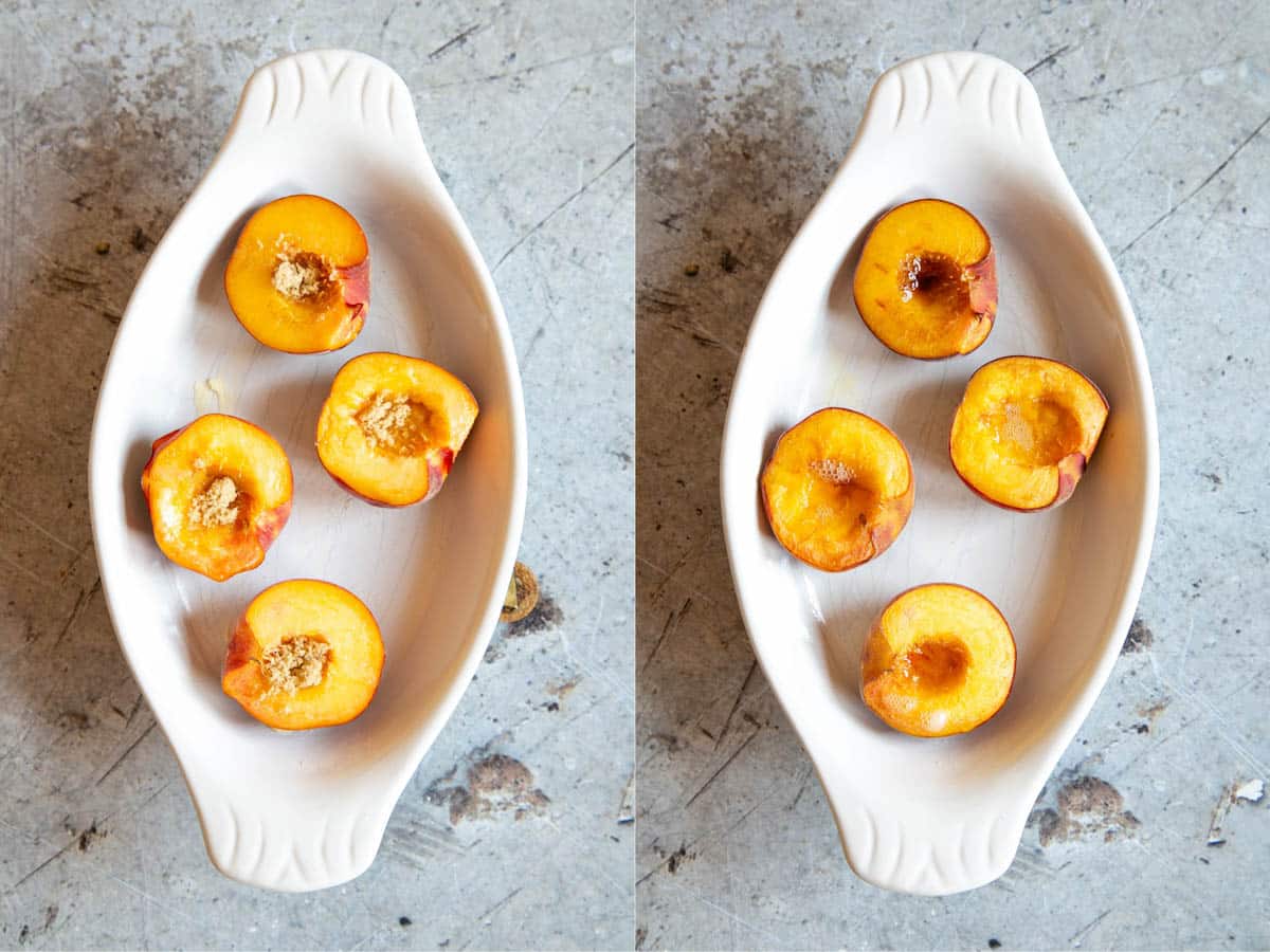 Left: peaches in a buttered dish, ready to roast. Right: the roasted peaches.