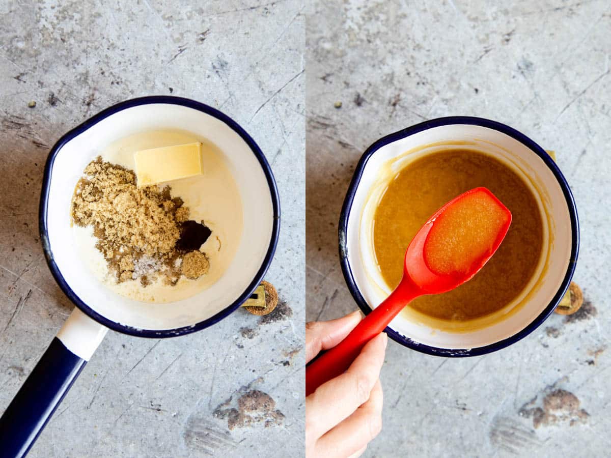 Left: the ingredients for the butterscotch sauce in the pan. Right: a smooth sauce in no time!