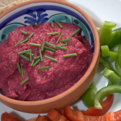 A beautiful deep red dip, a twist on hummus, containing a portion of extra veg 