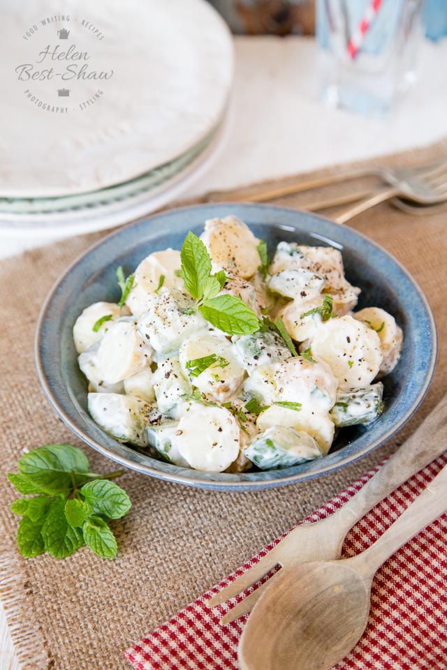 This healthy potato cucumber salad is made without mayo and includes cool mint and cucumber for a low heat, simple summer side dish.