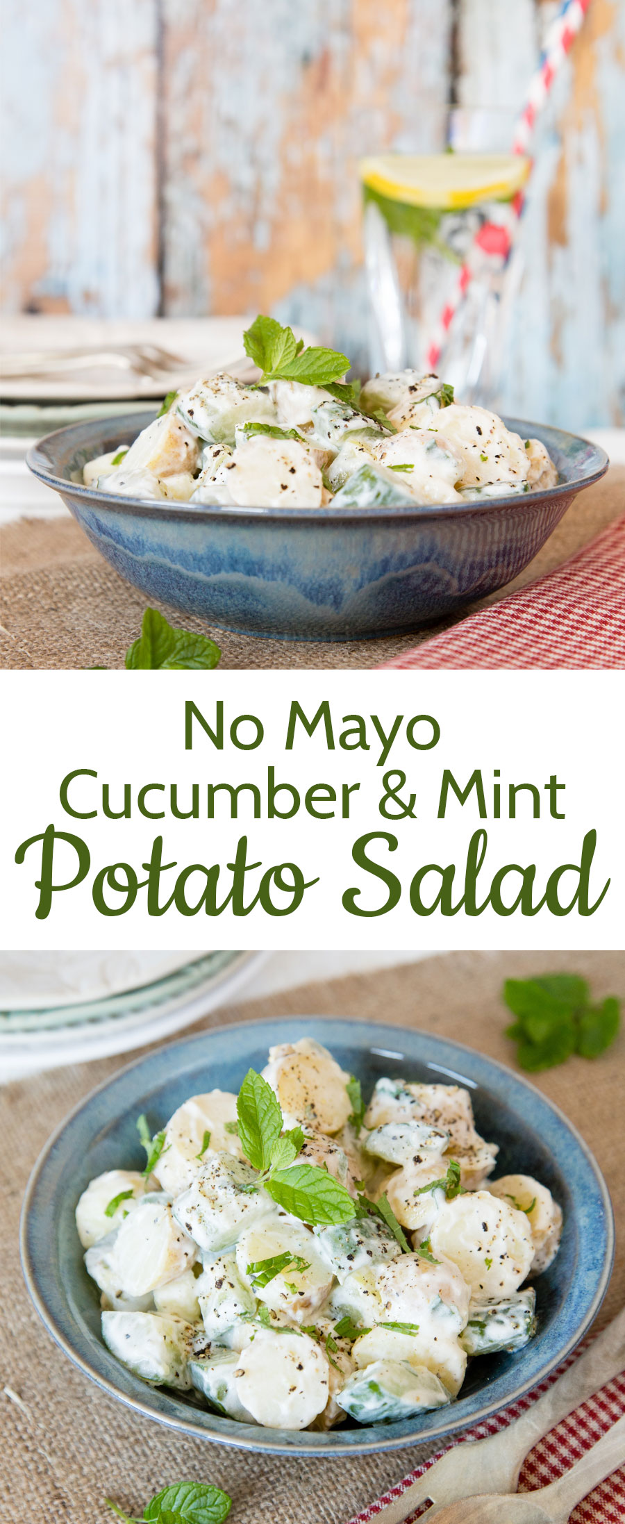 This healthy potato salad is made without mayo and includes cool mint and cucumber for a low heat, simple summer side dish.