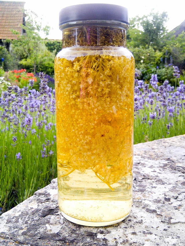 Steep elderflowers and sugar in vodka to make this delicious Elderflower vodka, reminiscent of an English garden