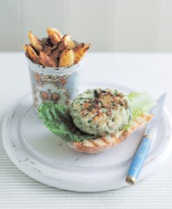 Easy to make fish burgers made from white fish and flavoured with herbs, capers and cornichons
