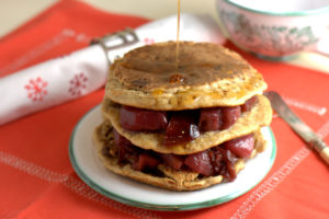 Leftover Christmas pudding pancakes with port poached pears