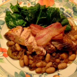 Pheasant with beans, prunes and apple