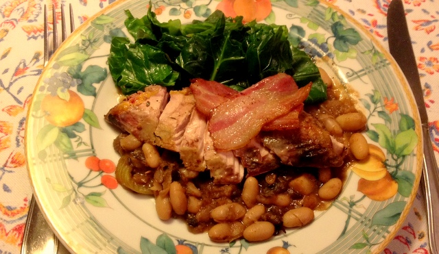 Pheasant with beans, prunes and apple