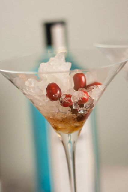 Bombay Sapphire Christmas Martini-ice and cranberries in the glass