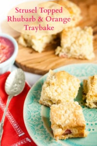 Rhubarb & Orange are the stand out flavours in this simple to make, egg free tray bake with a crunchy strusel topping.