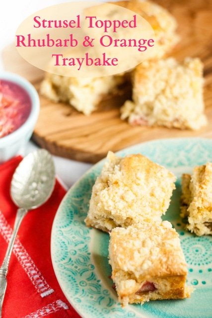 Rhubarb & Orange are the stand out flavours in this simple to make, egg free tray bake with a crunchy strusel topping. 