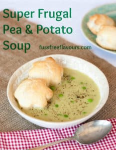 Super frugal pea and potato soup is brightened with a squeeze of lemon