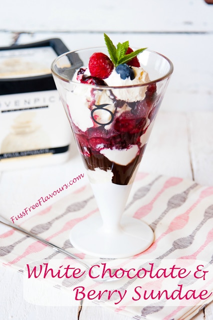 White chocolate and hot berry ice cream sundae