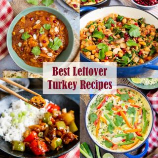 A montage of photos of leftover turkey dishes: sweet and sour, tagine, Indian curry and Thai curry