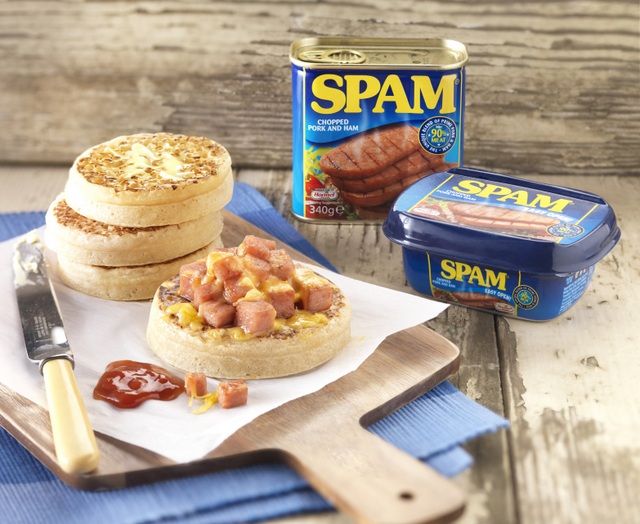 SPAM and Cheese Crumpets with tub and can