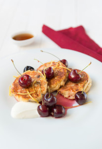 Cream Cheese Fritters, English Summer Delicious, easy to make pancakes made with cream and cottage cheese and served with cherries and maple syrup are perfect for a weekend brunch.