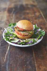 Jamie Oliver's Mega Veggie Burgers with a garden salad and basil dressing