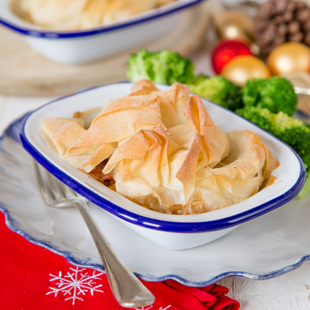 A filo topped turkey and ham pie