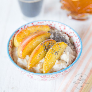 A warming breakfast of coconut and maple apple oatmeal (or porridge) with a dash of cinnamon