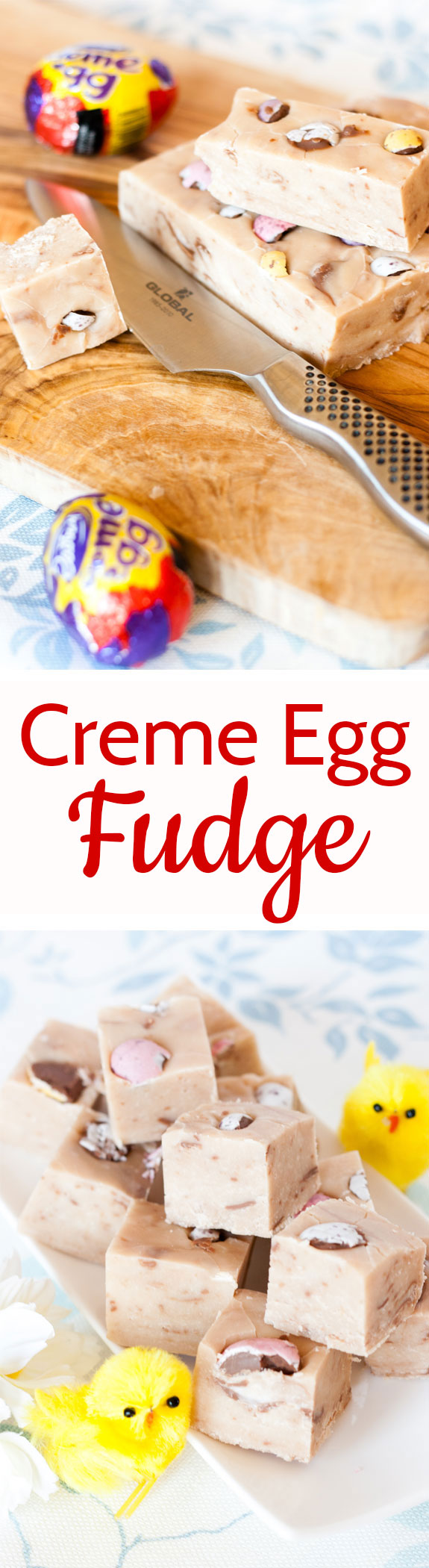 A creamy Cadbury Creme Egg Fudge on a cutting board and a stack of Cadburry creme egg fudge with a text overlay
