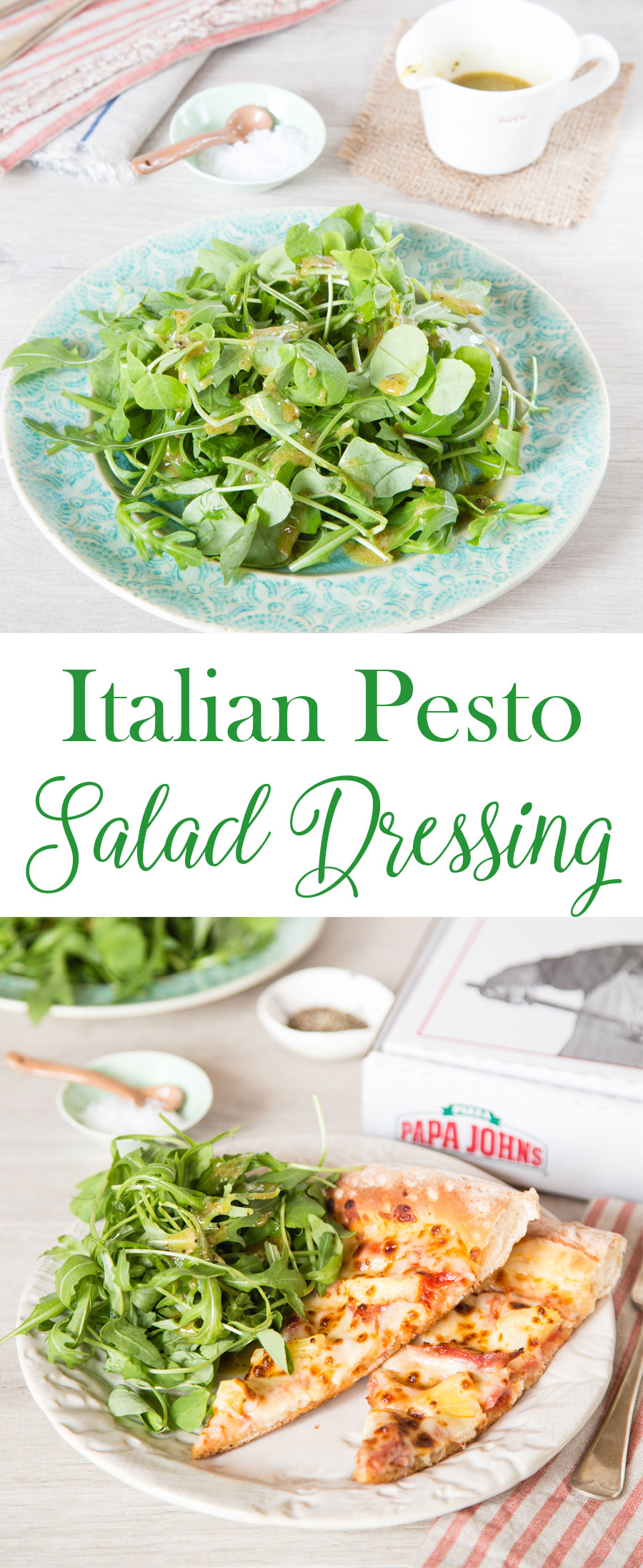 A simple pesto based salad dressing, which is perfect served with pizza.