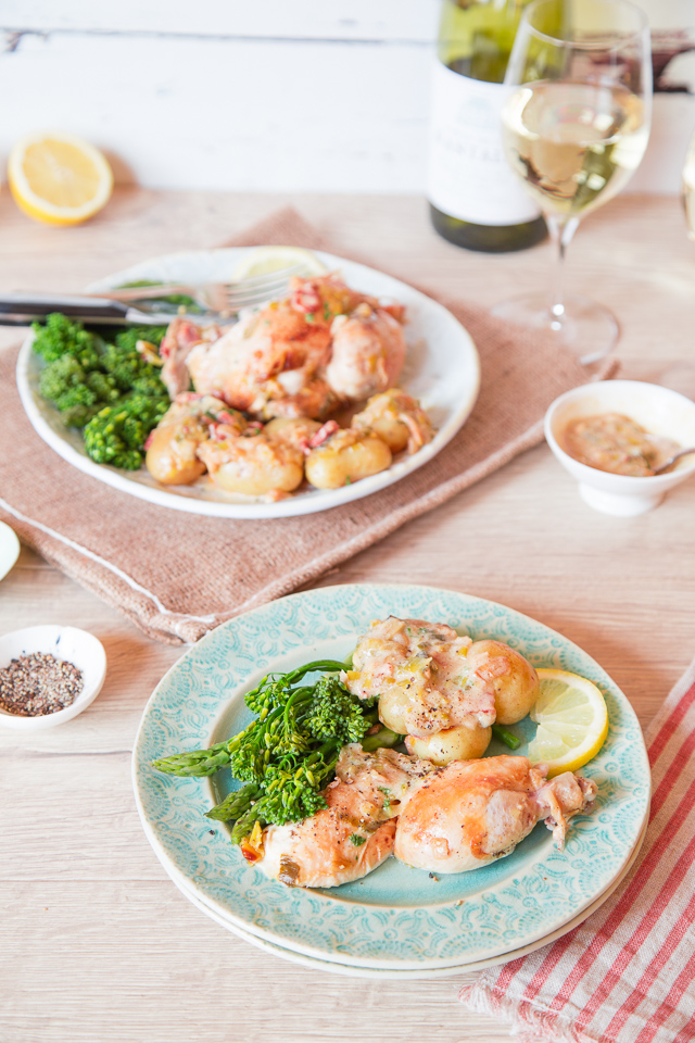 An easy recipe for a one pot poussin cooked with spring vegetables and served in a creamy sauce
