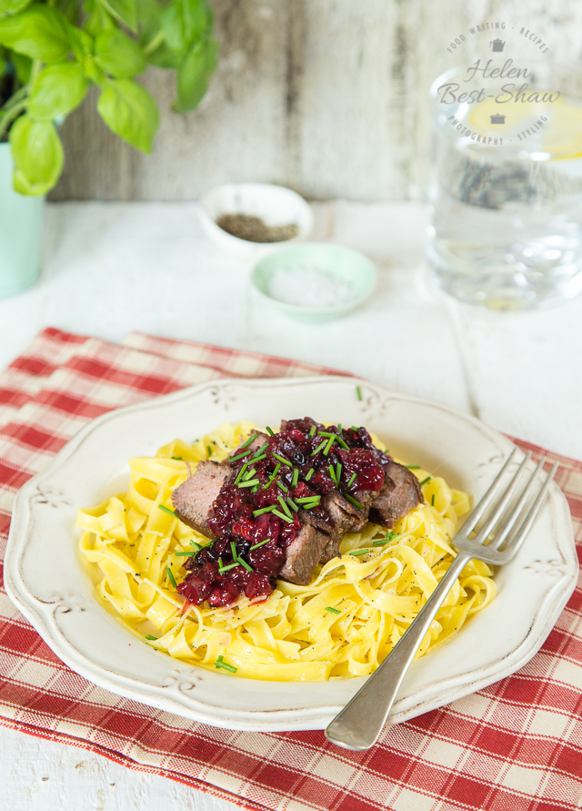 Fresh pasta tossed in butter topped with ostrich steaks and a red wine red berry sauce. Perfect for a dinner party, but quick enough for a mid week supper.