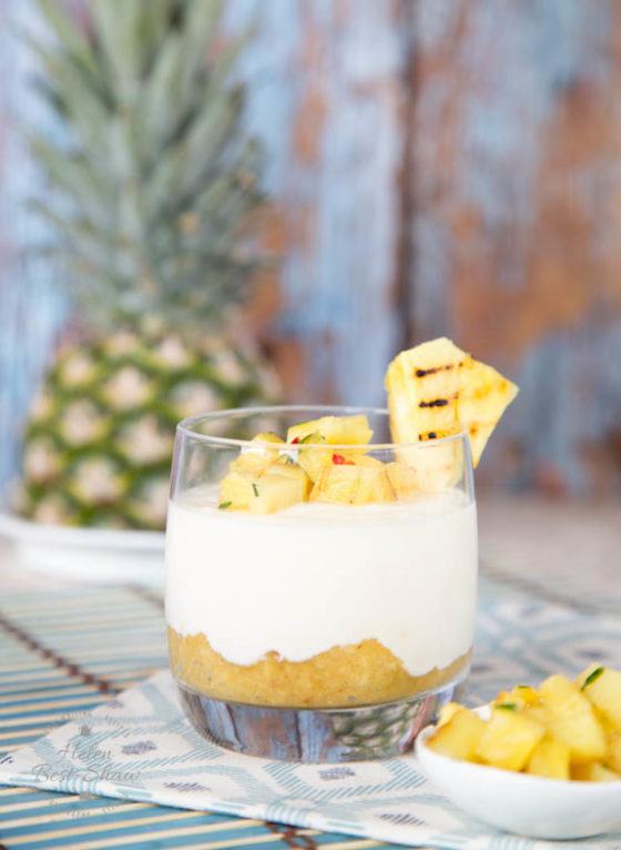 White chocolate piña colada yogurt puddings with pineapple salsa