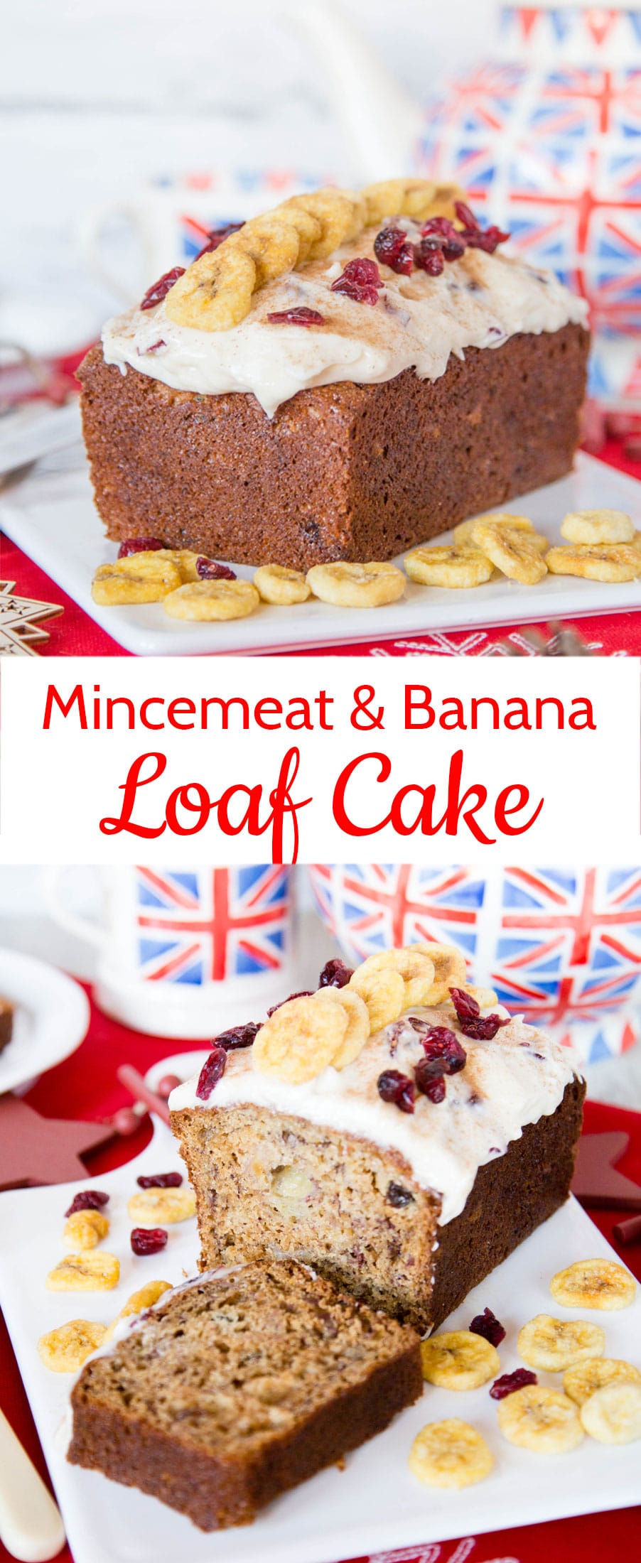 This banana & mincemeat loaf cake has no added fat, and is topped with a cinnamon & cranberry cream cheese frosting and is delicious alternative to the traditional Christmas cake