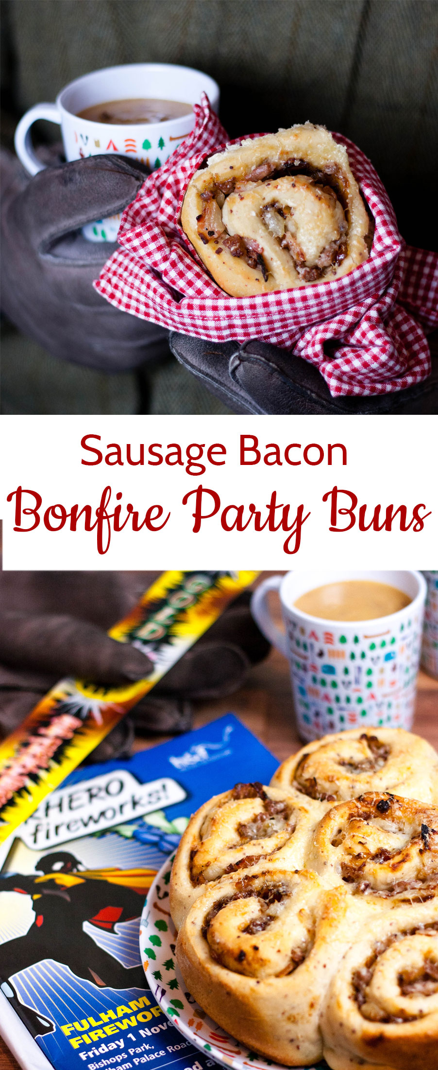 These sausage and bacon savoury bread whirls are perfect enjoyed outside by the bonfire.