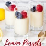 Three shot glasses contain lemon posset topped with fresh blueberries and raspberries. Text overlay reads "lemon possets, 3 ingredients"