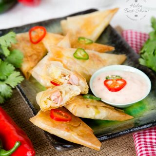 Samosas are fantastically easy to make, as well as adaptable. These are filled with cooked rice, Princes diced ham, leftover roast chicken and some sweetcorn. These are great to serve at a party, and ideal for older children to help fold.
