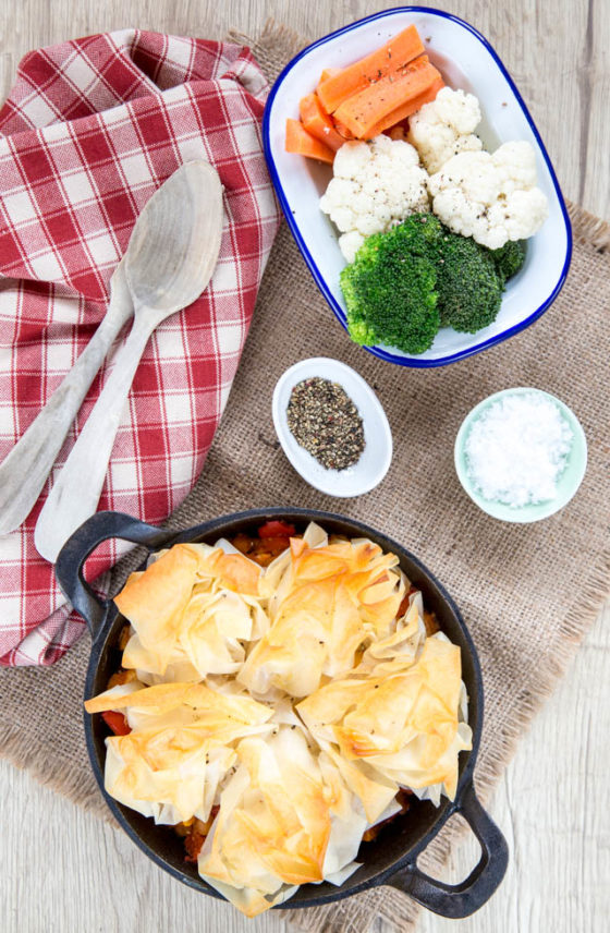 Vegetarian chickpea, feta and butternut squash pie with filo Helen's