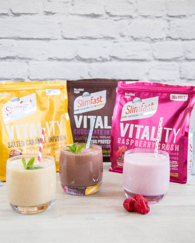 SlimFast Vitality meal replacement shakes in three flavours: Raspberry Crush, Chocolate Intensity, and Salted Caramel Infusion