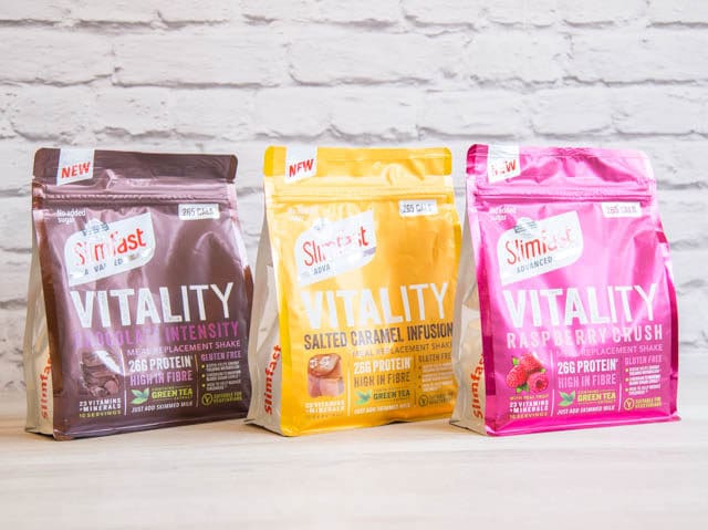 SlimFast Vitality shakes come in three flavours: Raspberry Crush, Chocolate Intensity, and Salted Caramel Infusion