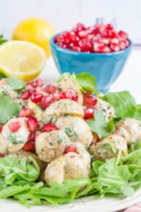 No mayonnaise potato salad with tahini and pomegranate is a delicious alternative to the traditional recipes for summer potlucks and BBQs