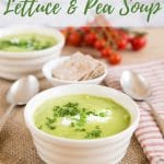 A white bowl of pale green lettuce and pea soup. Text overlay reads Fat free lettuce and pea soup
