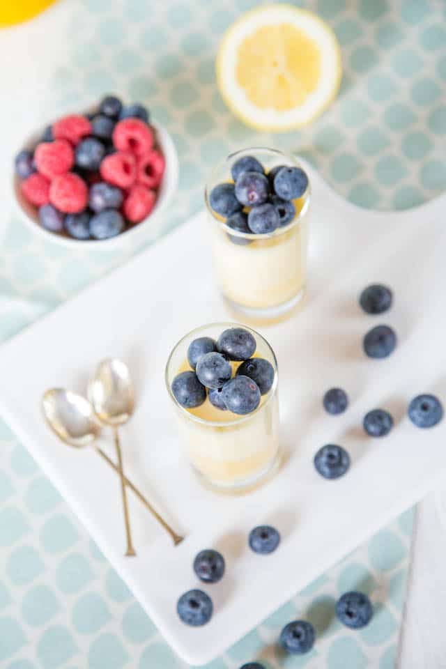 Easy and delicious white chocolate and lemon curd pots. Quick and easy to make, but with an elegant touch when served in a shot glass.