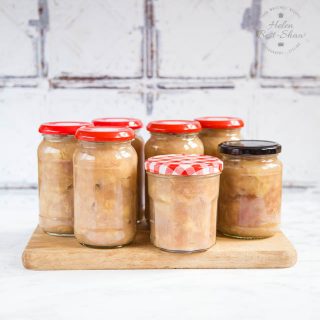 Banana chutney in jam jars, ready for the cupboard.