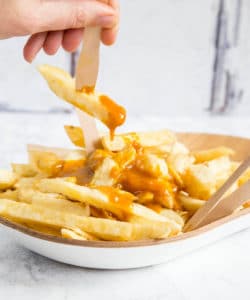 Wickedly good homemade Chinese curry sauce on proper fat chips