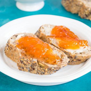 Tasty, fruitful small batch nectarine jam on sourdough toast.