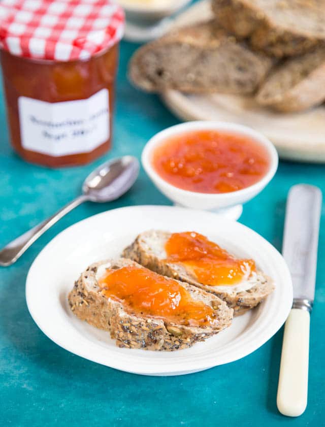 Deliciously fruity and flavourful small batch nectarine jam, perfect on a crusty baguette.