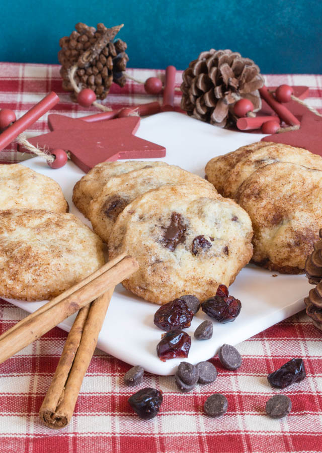 Tasty and crunchy snickerdoodle biscuits with chocolate chips, cranberries and dusted with cinnamon