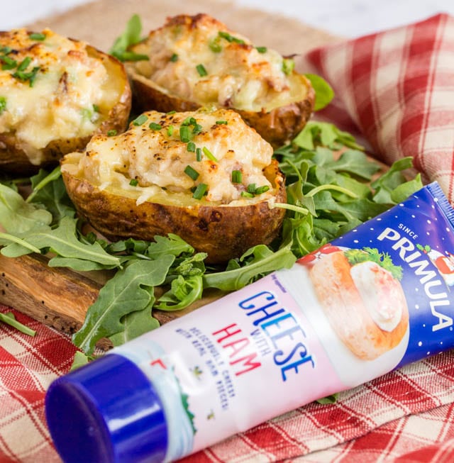 Primula cheese spread makes for deliciously easy turkey, ham and cheese twice baked potatoes.
