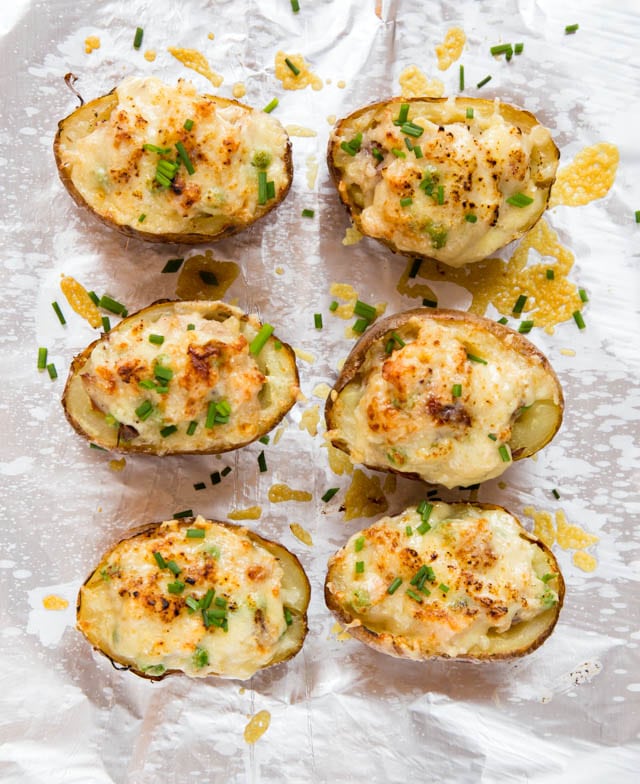 Simple and delicious turkey, ham and cheese stuffed twice baked potatoes.