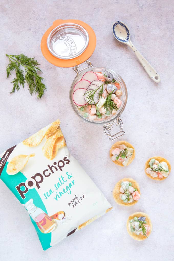 A jar of healthier Russian salad - perfect for lunch, with crunchy Popchips
