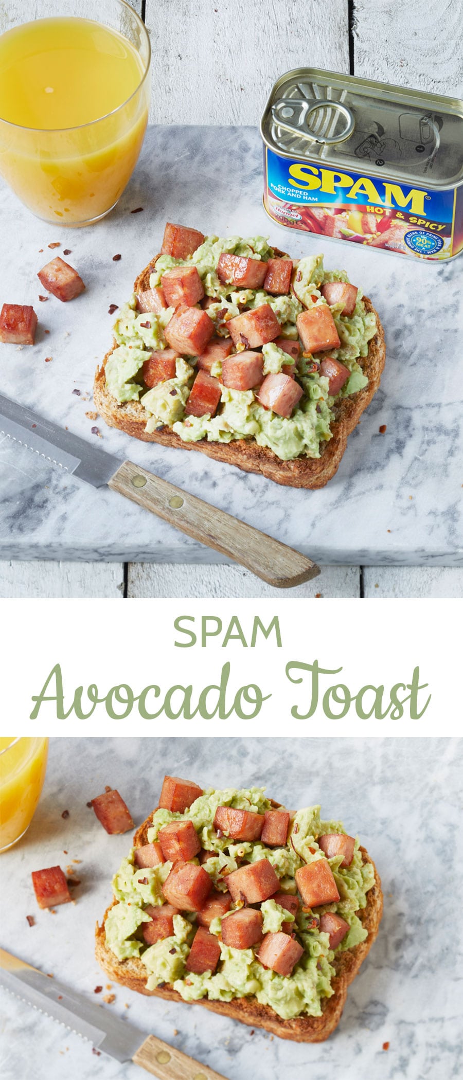 Chunks of spam on top of creamy mashed avocado and toasted bread with text overlay