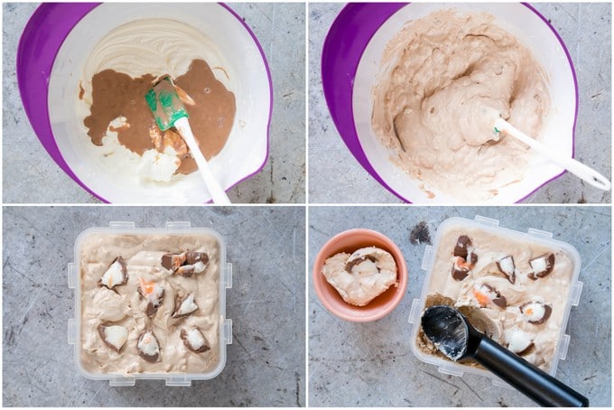 A collage of 4 step by step top down photos to make crème egg ice cream – A bowl of whipped cream and chocolate / condensed milk mixture, mixed no churn ice cream, a tub of ice cream ready for the freezer, the tub of frozen ice cream with an ice cream scoop and a portion in a small pink bowl 