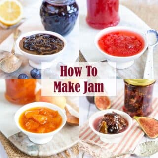 An assortment of jars of jam and jam in dishes - apricot jam, blueberry jam, rhubarb jam and fig jam, all with pieces of fruit displayed too.