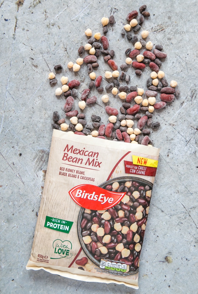 A close up of the contents of a packet of Brids Eye Frozen Mexican Bean Mix