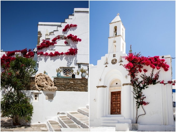 White washed Greek houses and Churches against a blue sky in Pygros Village Greece
