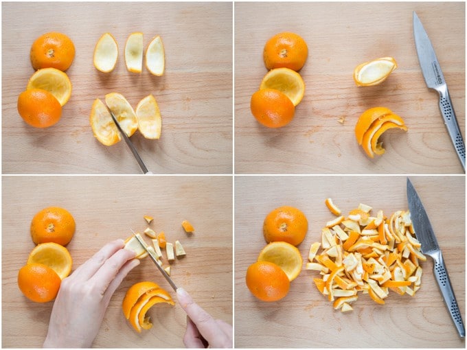 A collage of four pictures showing Seville orange peel being cut for marmalade.